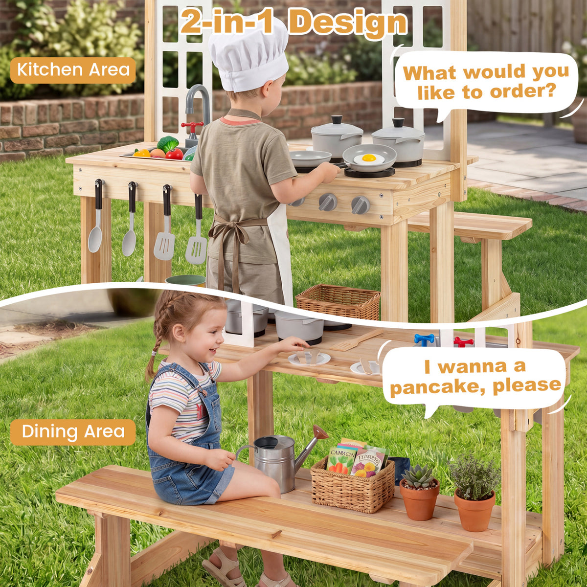 Wooden Pretend Play Kitchen with Bench and Cooking Accessories-Natural