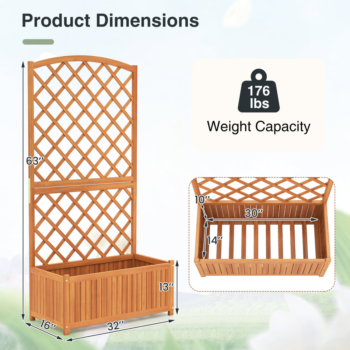 Wooden Raised Garden Bed with Trellis 63 Inch Tall Garden Planter