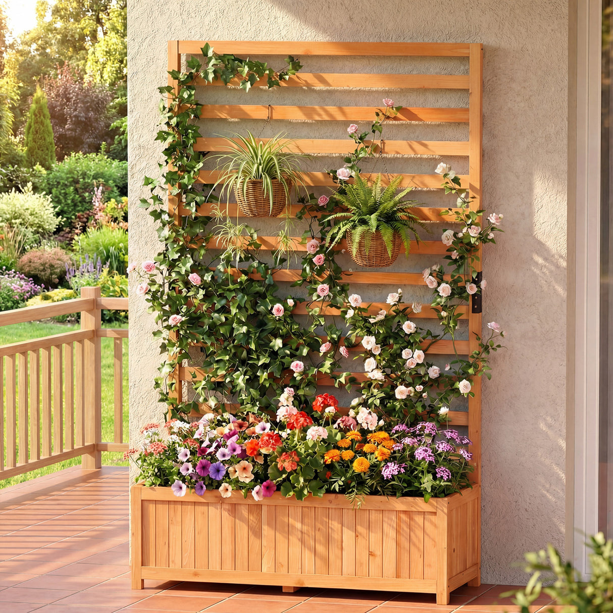 Wooden Raised Garden Bed 59 Inch Tall Elevated Planter Box with Vertical Trellis-Orange