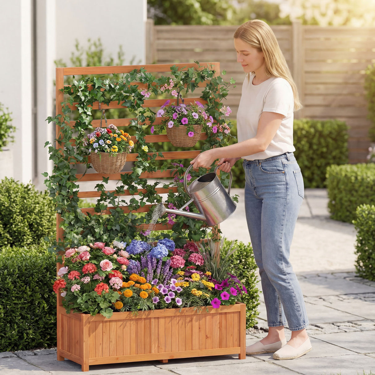 Wooden Raised Garden Bed 59 Inch Tall Elevated Planter Box with Vertical Trellis-Orange