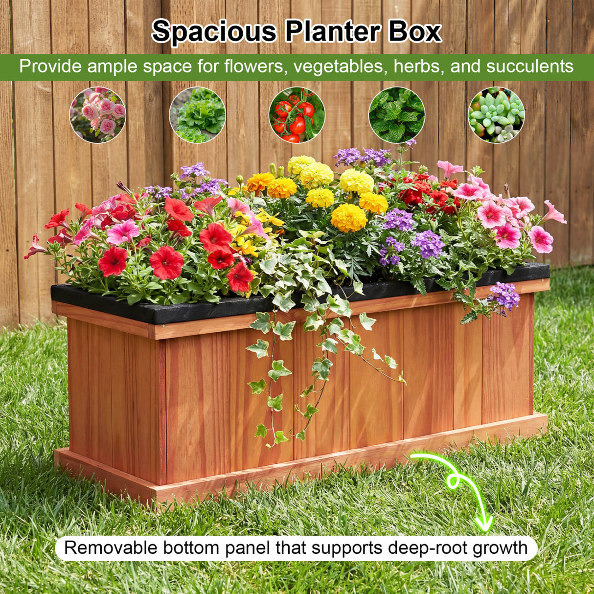 Wooden Raised Garden Bed with Drainage Holes and Liner Solid Fir Wood Planter Box-M