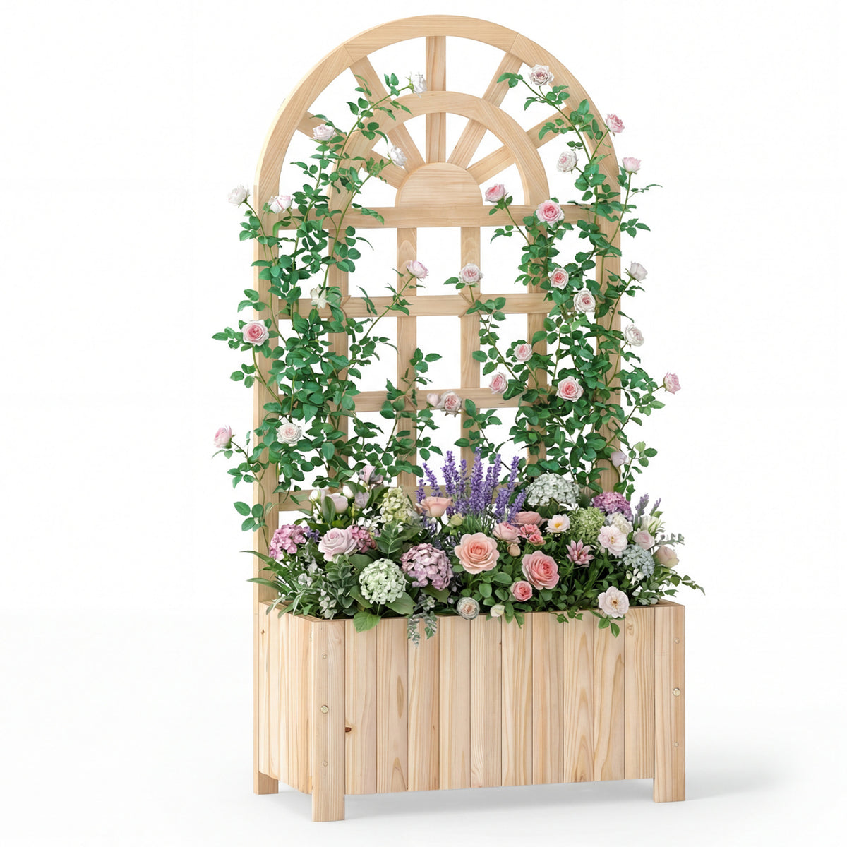 Wooden Raised Garden Bed with Trellis 48 Inch Outdoor Screen-Natural