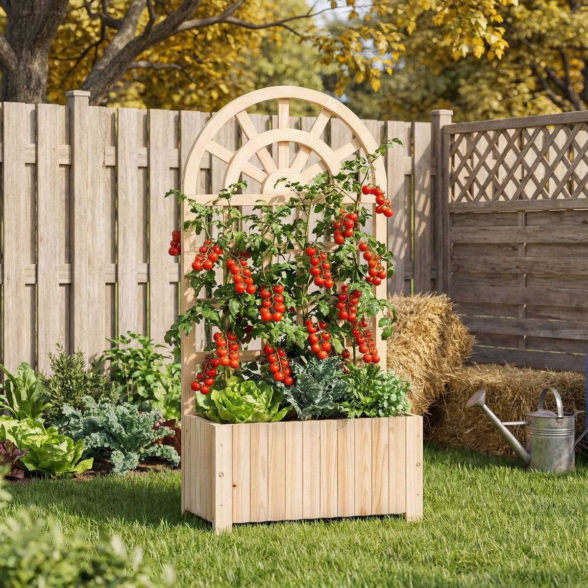 Wooden Raised Garden Bed with Trellis 48 Inch Outdoor Screen-Natural