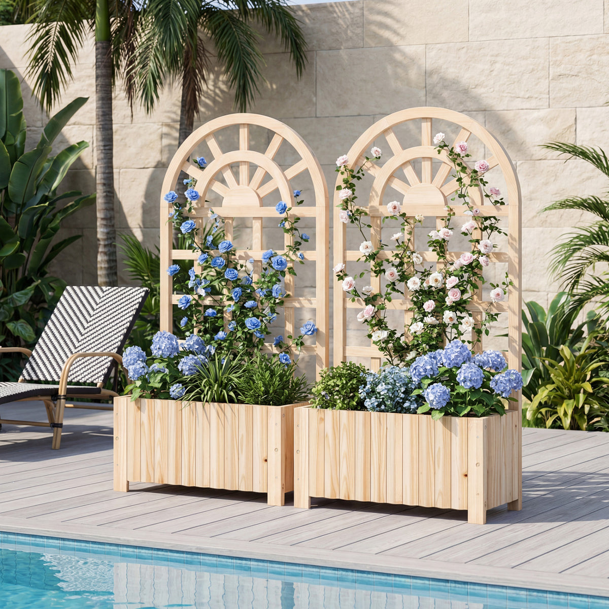 Wooden Raised Garden Bed with Trellis 48 Inch Outdoor Screen-Natural