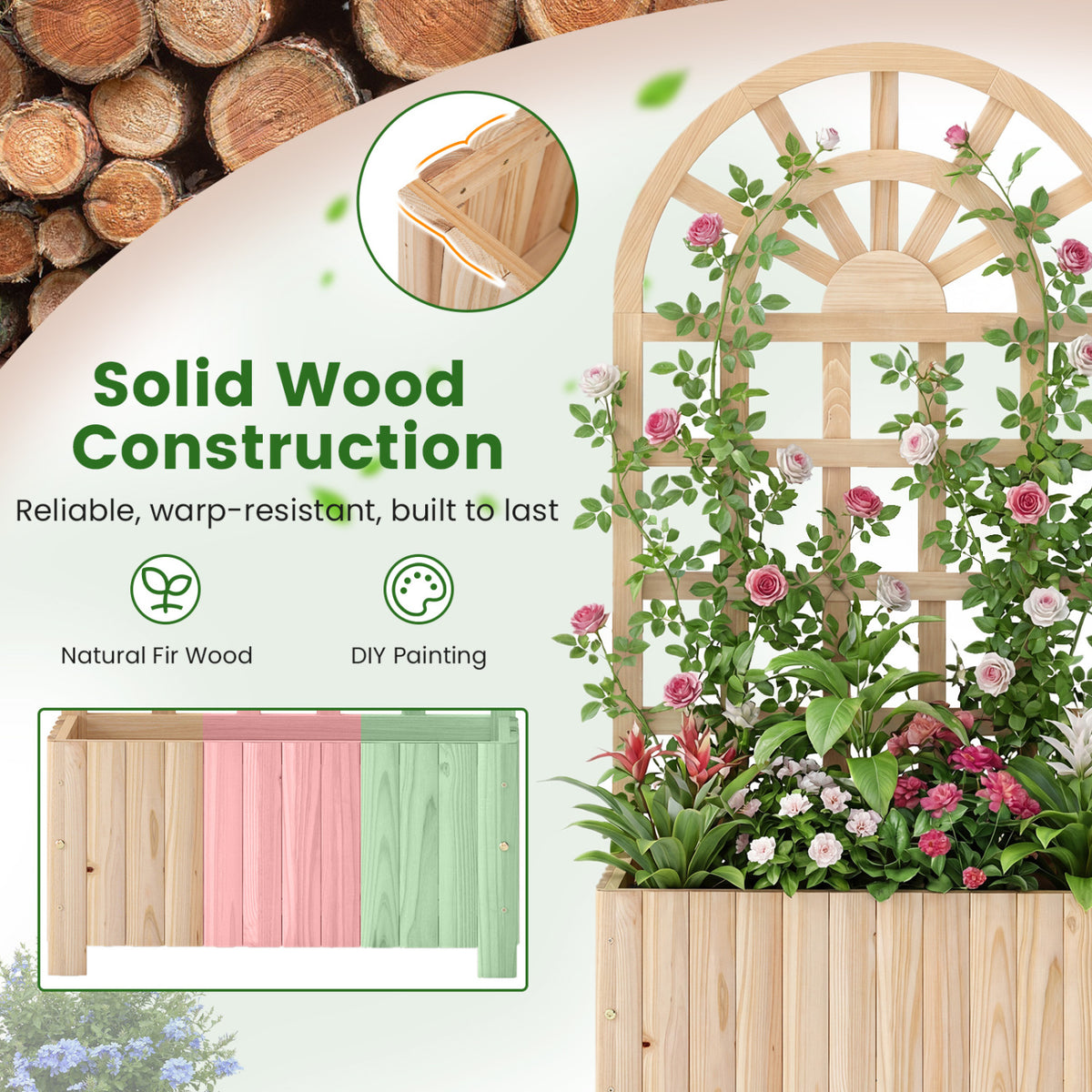 Wooden Raised Garden Bed with Trellis 48 Inch Outdoor Screen-Natural