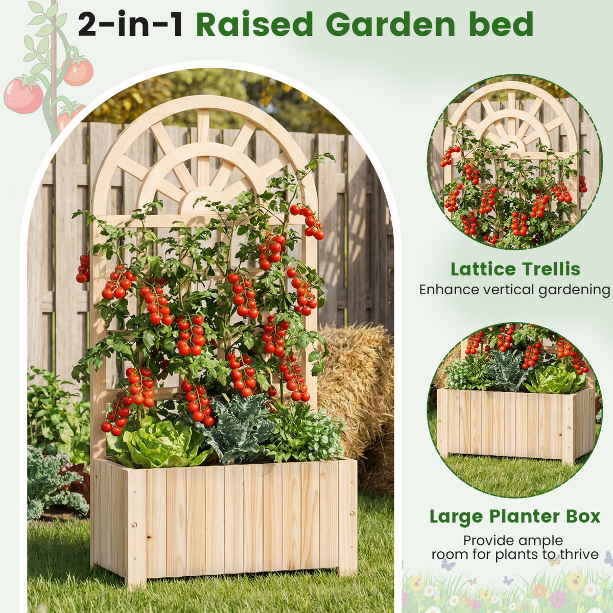 Wooden Raised Garden Bed with Trellis 48 Inch Outdoor Screen-Natural