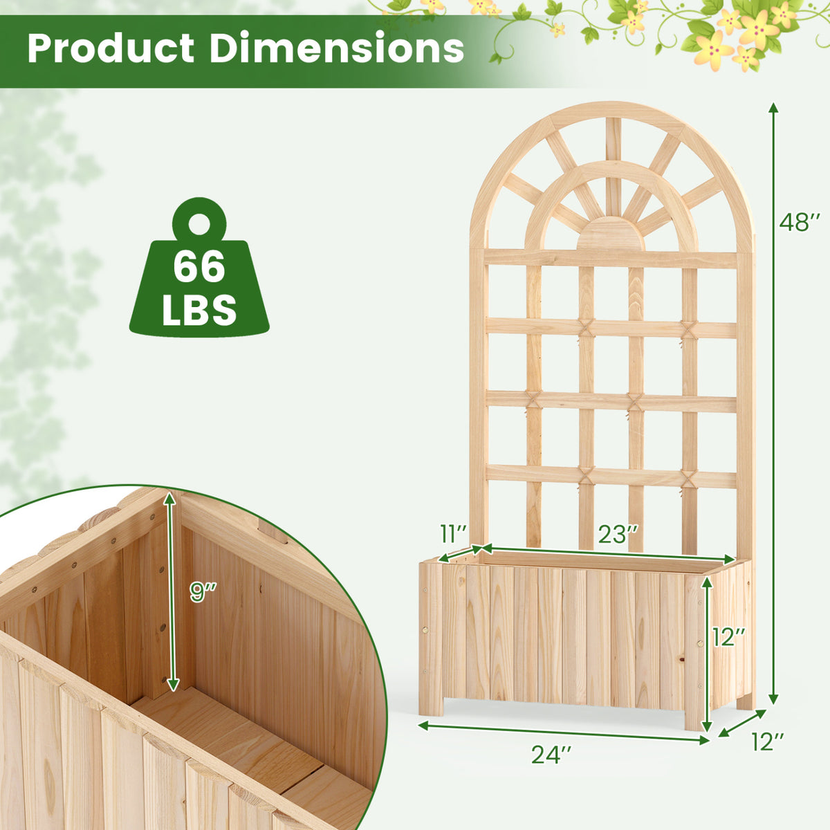 Wooden Raised Garden Bed with Trellis 48 Inch Outdoor Screen-Natural