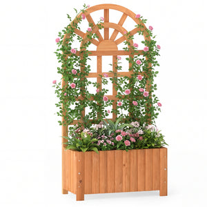 Wooden Raised Garden Bed with Trellis 48 Inch Outdoor Screen-Brown