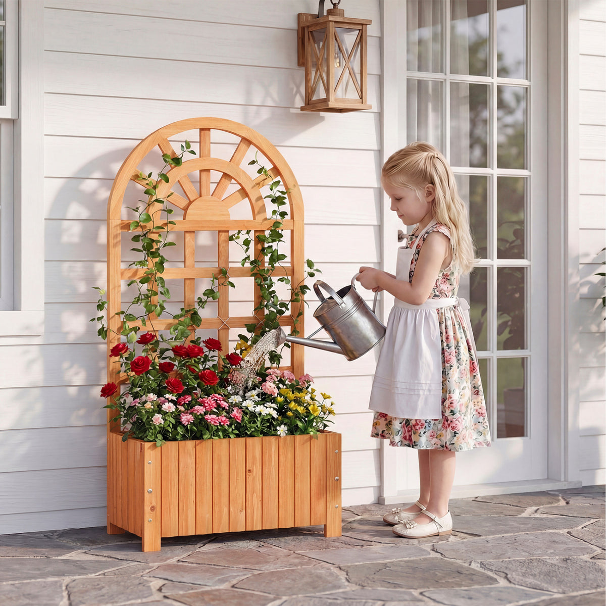 Wooden Raised Garden Bed with Trellis 48 Inch Outdoor Screen-Brown