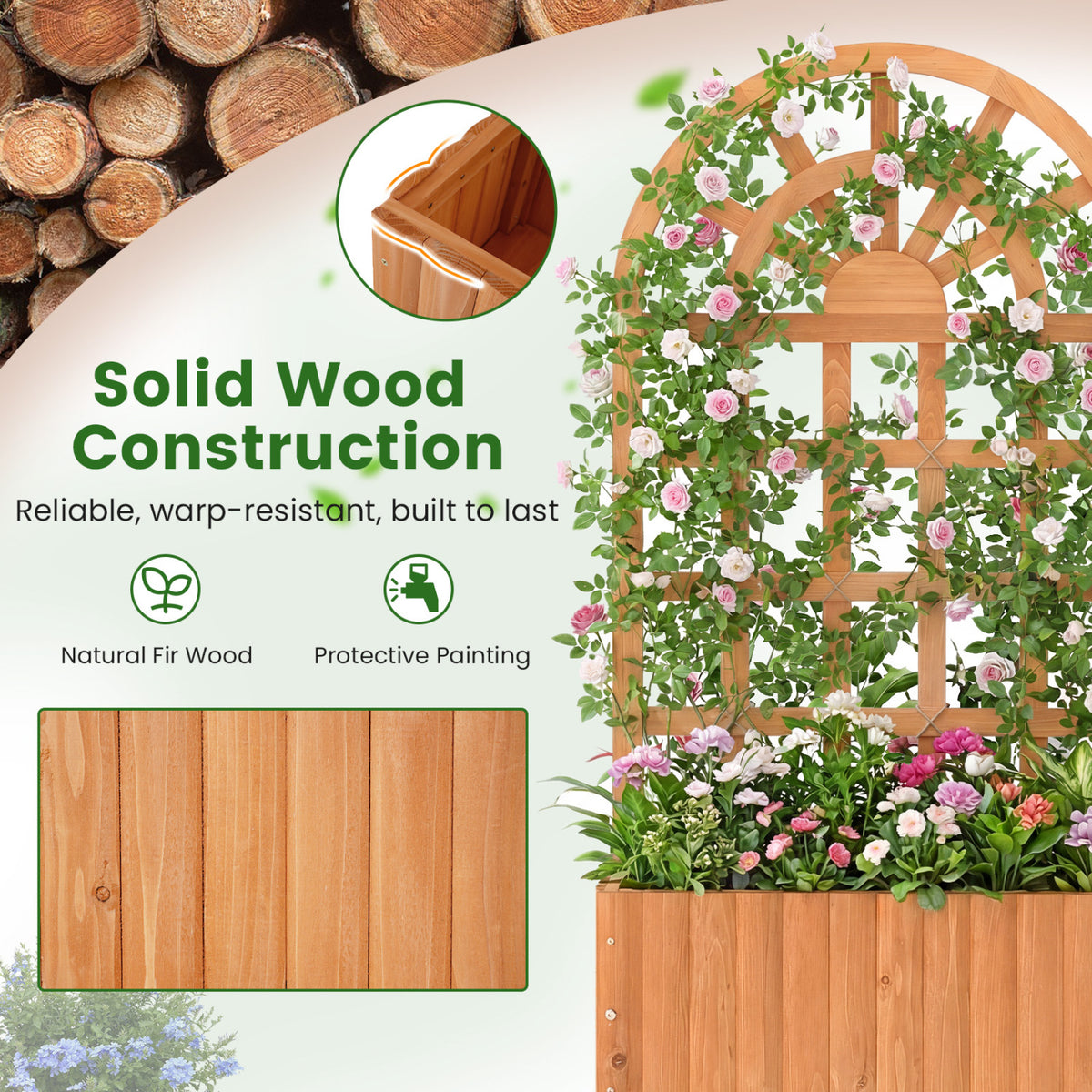 Wooden Raised Garden Bed with Trellis 48 Inch Outdoor Screen-Brown