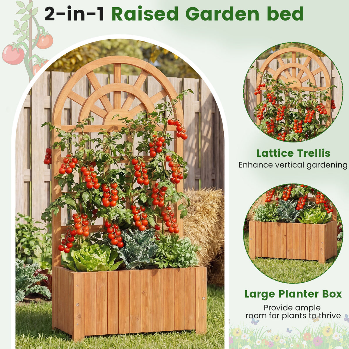 Wooden Raised Garden Bed with Trellis 48 Inch Outdoor Screen-Brown