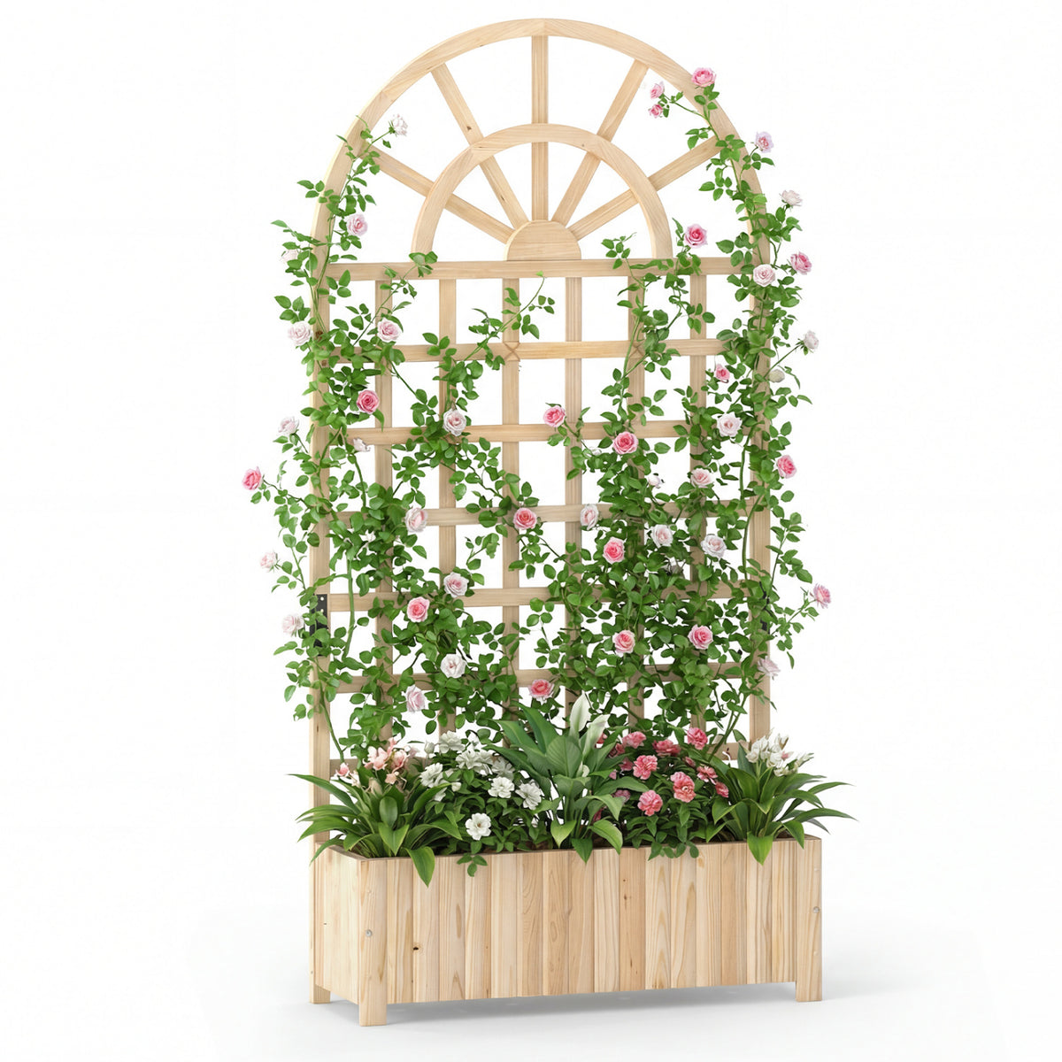 Wooden Raised Garden Bed with Trellis 71" Outdoor Planter Box Privacy Screen-Natural