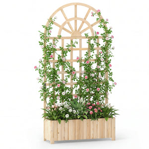 Wooden Raised Garden Bed with Trellis 71" Outdoor Planter Box Privacy Screen-Natural