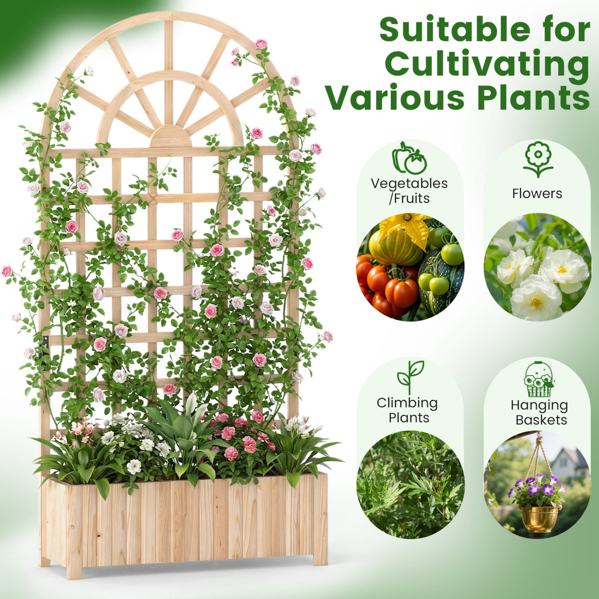 Wooden Raised Garden Bed with Trellis 71" Outdoor Planter Box Privacy Screen-Natural