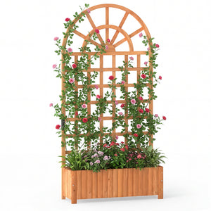 Wooden Raised Garden Bed with Trellis 71" Outdoor Planter Box Privacy Screen-Brown