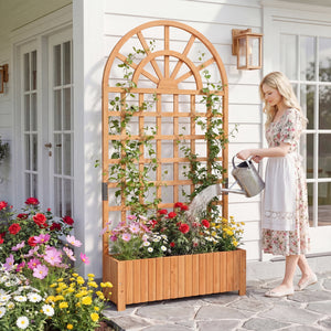 Wooden Raised Garden Bed with Trellis 71" Outdoor Planter Box Privacy Screen-Brown
