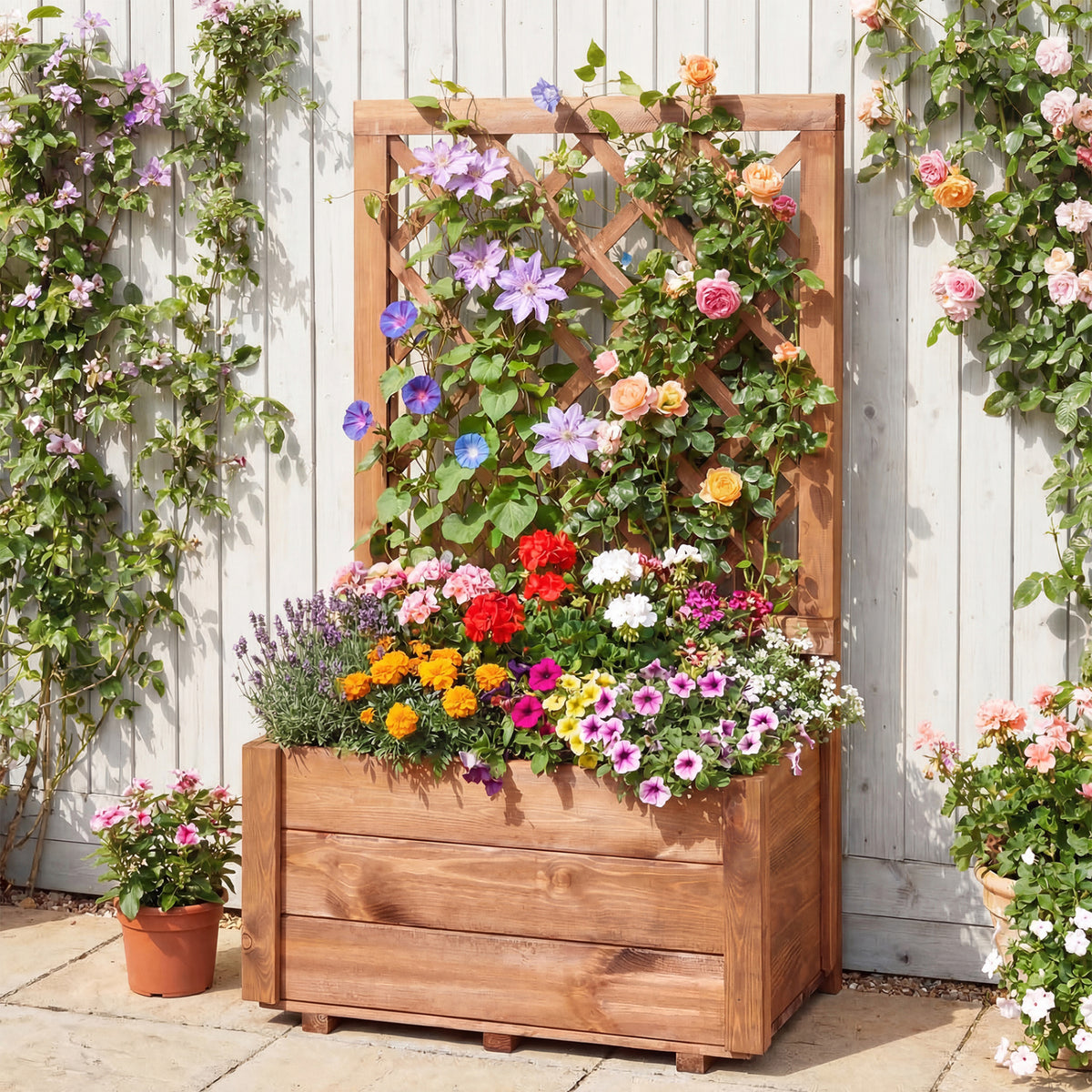 Wooden Raised Garden Bed with Lattice Trellis Drainage Holes-Orange