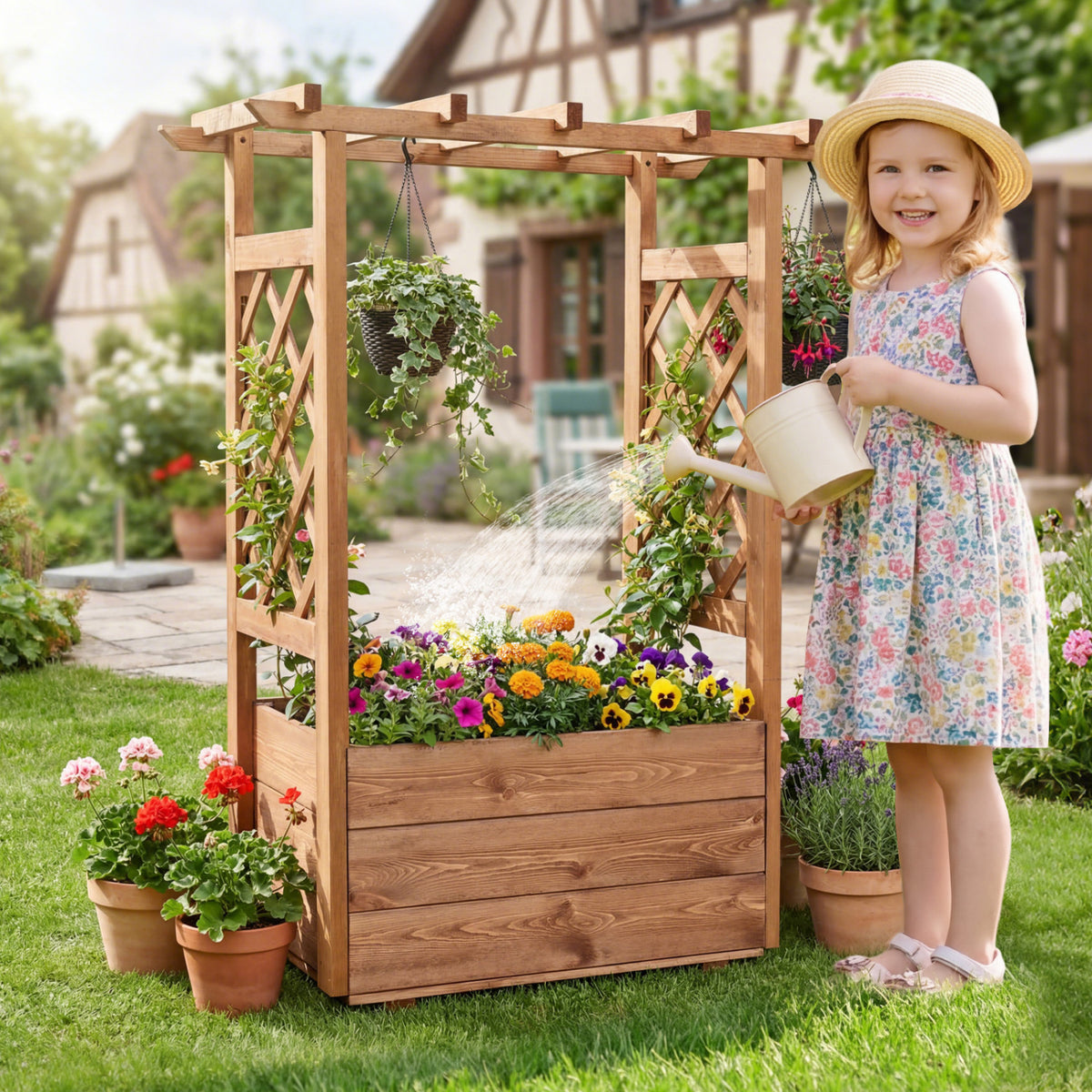 Wooden Raised Garden Bed Elevated Planter Box with Hanging Roof-Orange