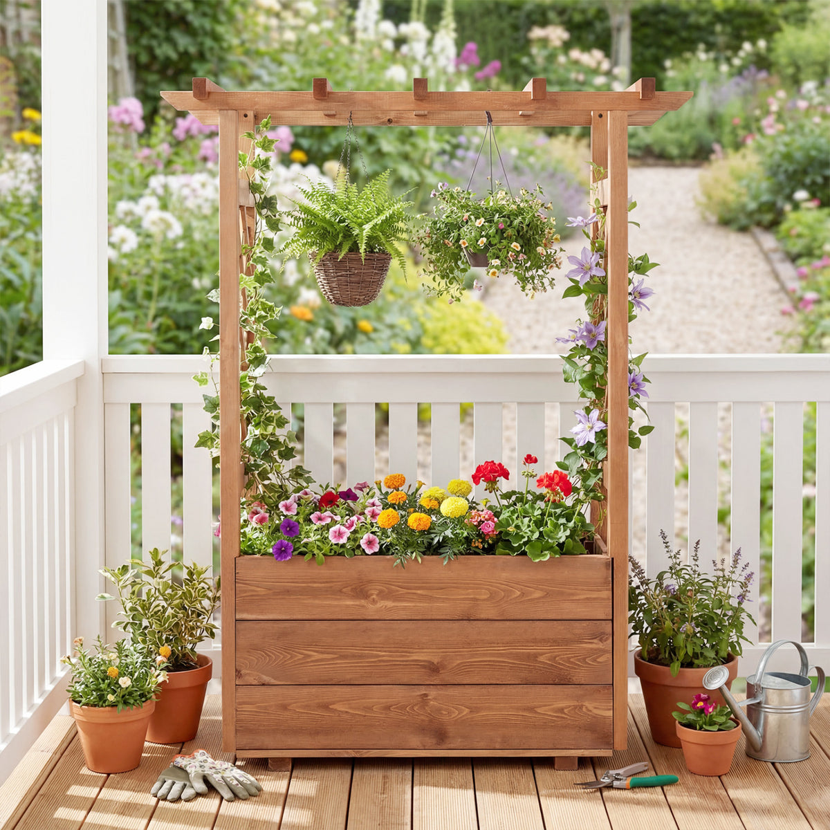 Wooden Raised Garden Bed Elevated Planter Box with Hanging Roof-Orange