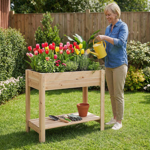 Wooden Raised Garden Bed with Legs and Storage Shelf