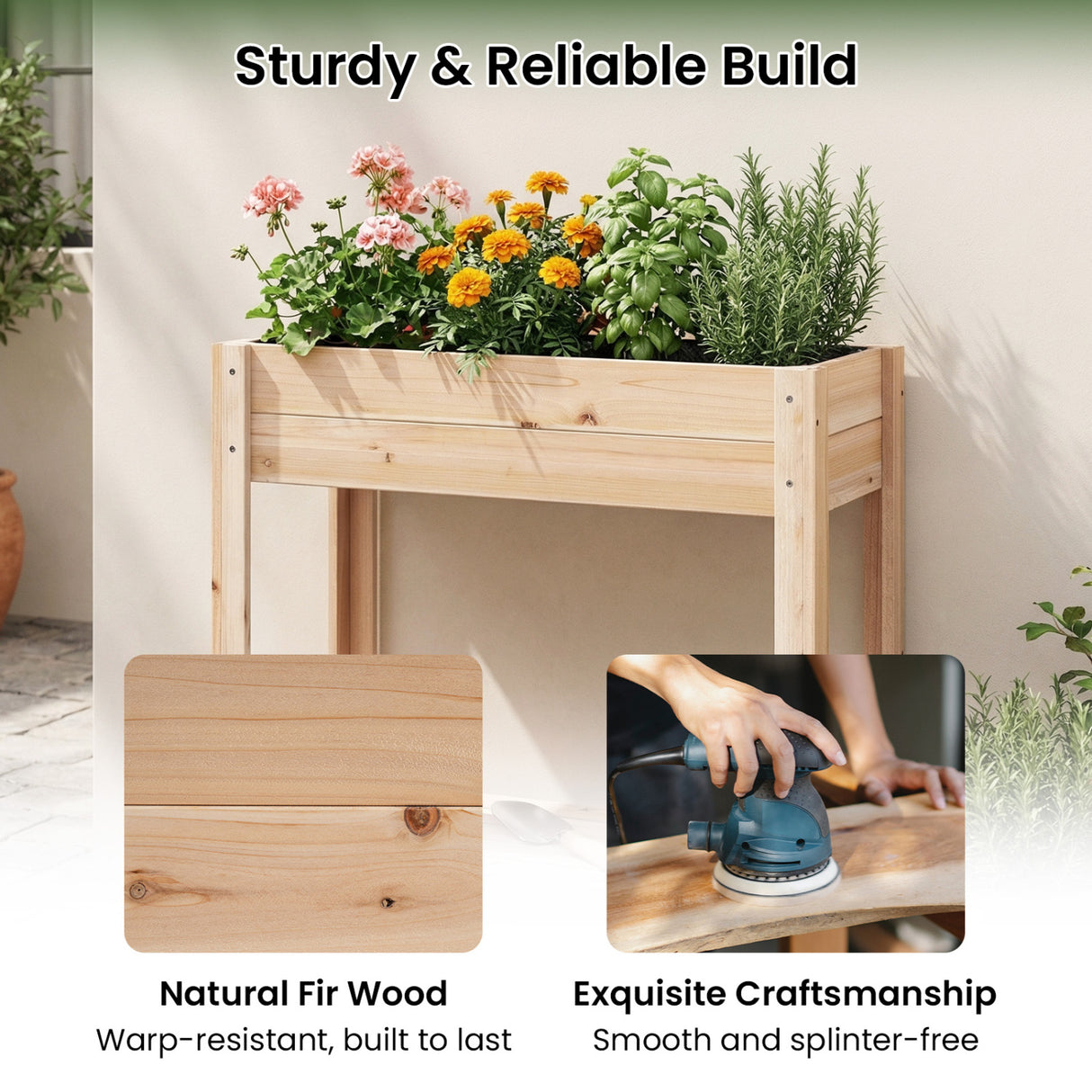 Wooden Raised Garden Bed with Legs and Storage Shelf