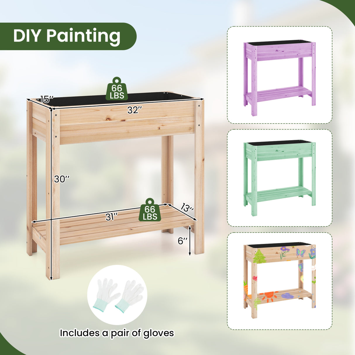 Wooden Raised Garden Bed with Legs and Storage Shelf