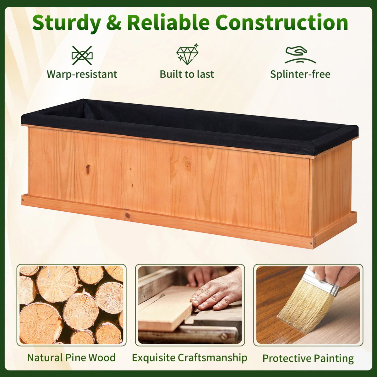 Wooden Raised Garden Bed with Drainage Holes and Liner Solid Fir Wood Planter Box-XL