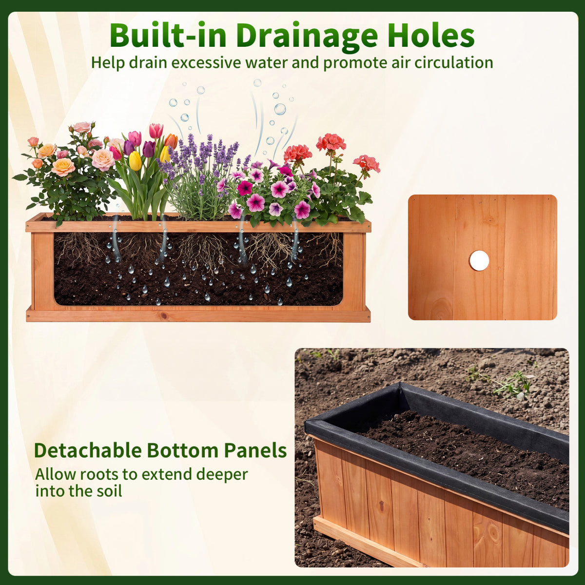 Wooden Raised Garden Bed with Drainage Holes and Liner Solid Fir Wood Planter Box-XL