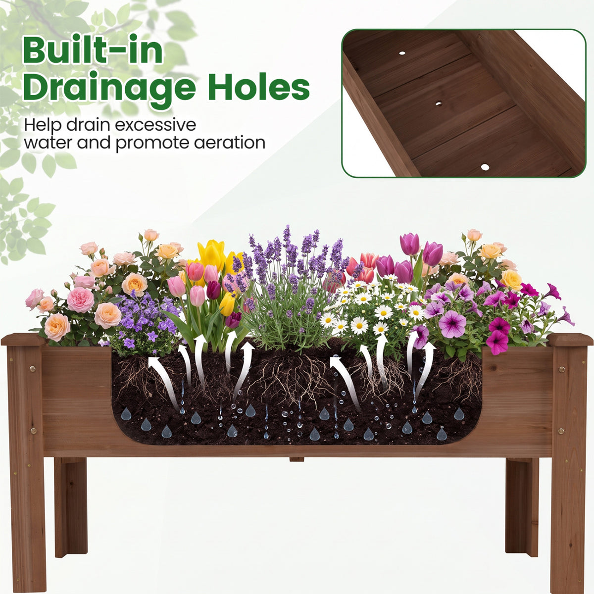 Wooden Raised Garden Bed with Legs Elevated Planter Box with Drainage Holes-Coffee