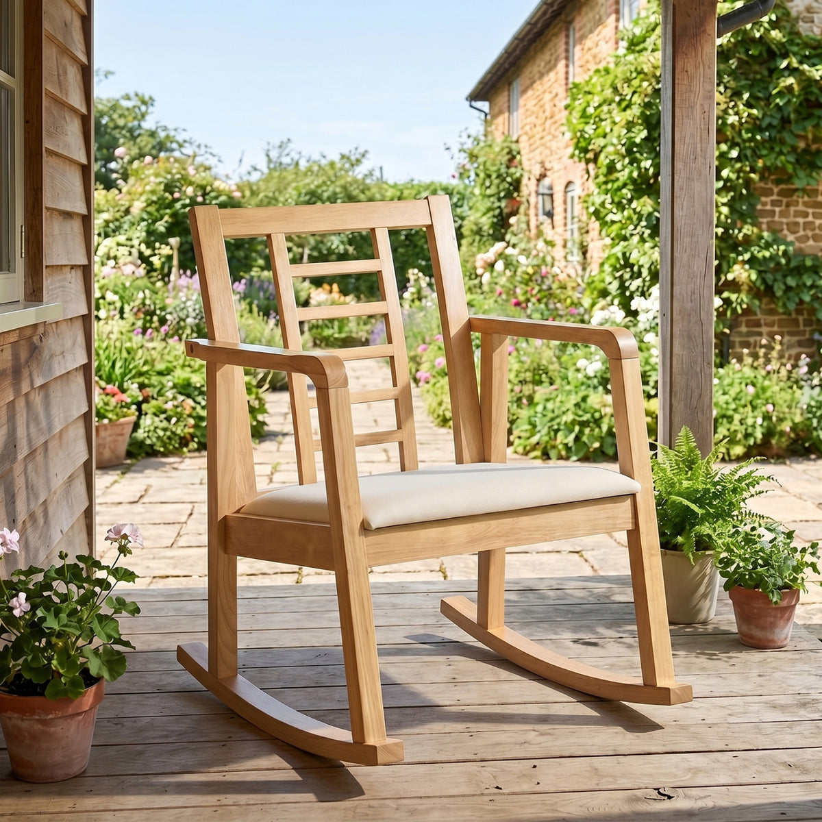 Wooden Rocking Chair with Upholstered Seat and Ladder Back for Living Room-Natural