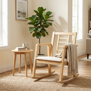Wooden Rocking Chair with Upholstered Seat and Ladder Back for Living Room-Natural