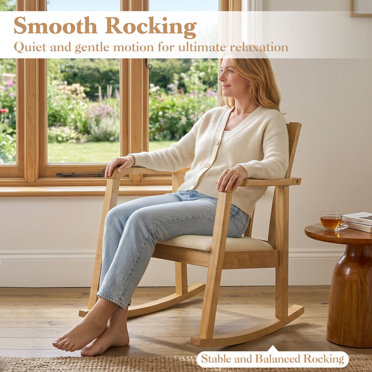 Wooden Rocking Chair with Upholstered Seat and Ladder Back for Living Room-Natural