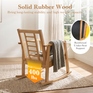 Wooden Rocking Chair with Upholstered Seat and Ladder Back for Living Room-Natural