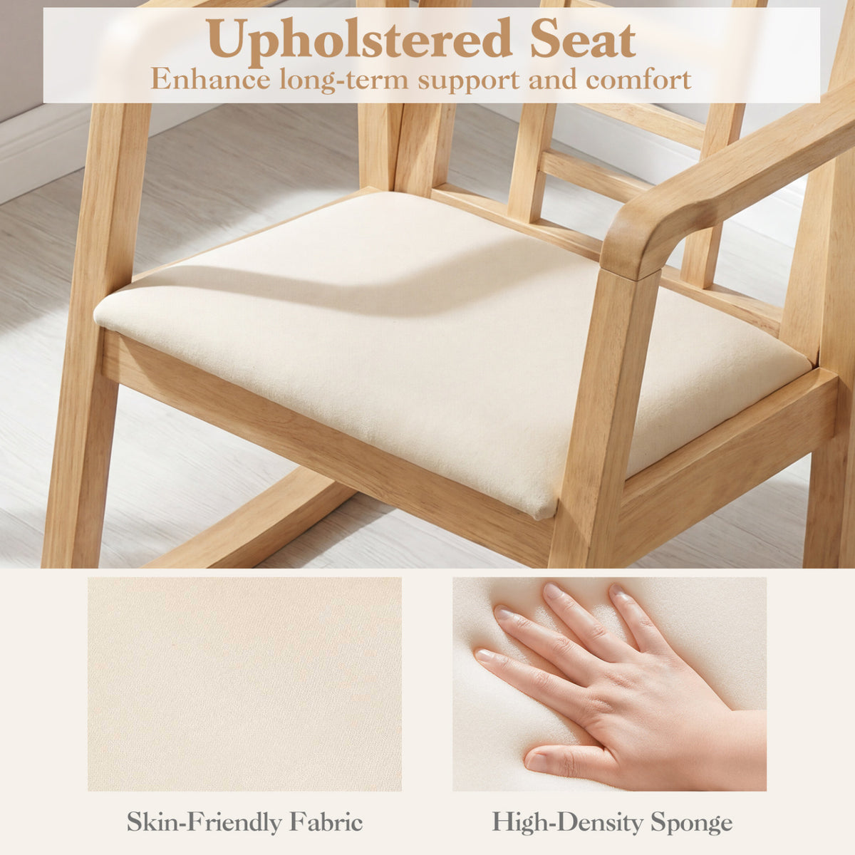Wooden Rocking Chair with Upholstered Seat and Ladder Back for Living Room-Natural