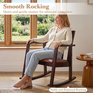 Wooden Rocking Chair with Upholstered Seat and Ladder Back for Living Room-Brown
