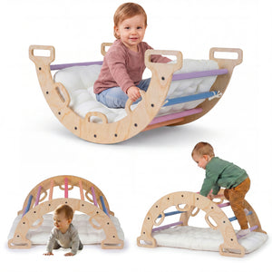 Wooden Rocking Climbing Arch with Cushion 3-in-1 Montessori Kids Climber Rocker-Multicolor