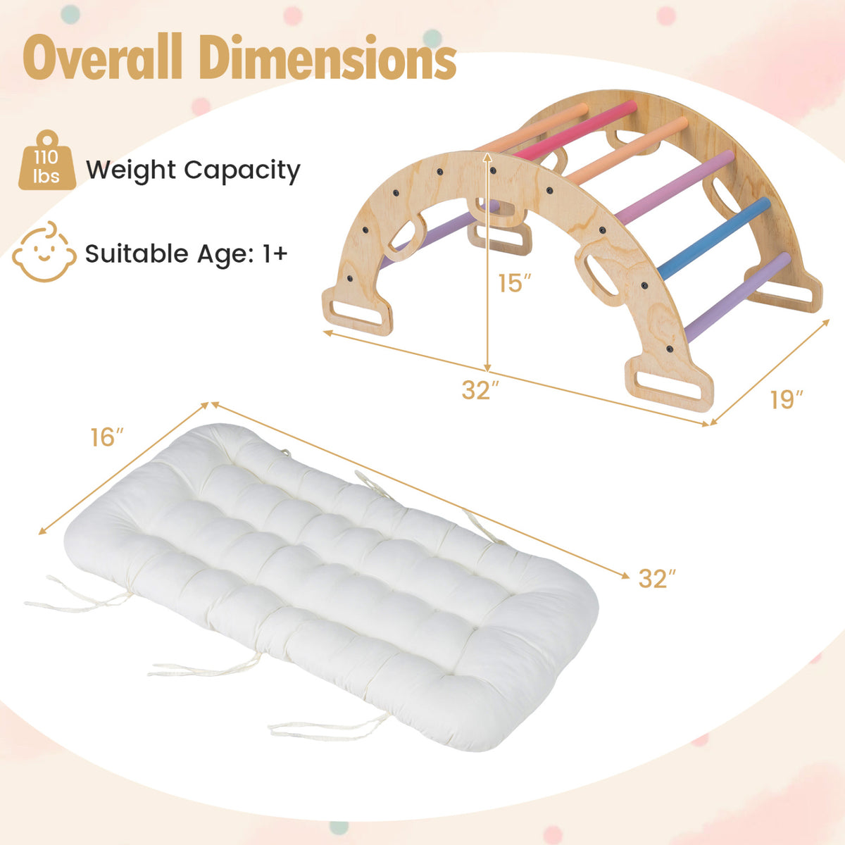Wooden Rocking Climbing Arch with Cushion 3-in-1 Montessori Kids Climber Rocker-Multicolor