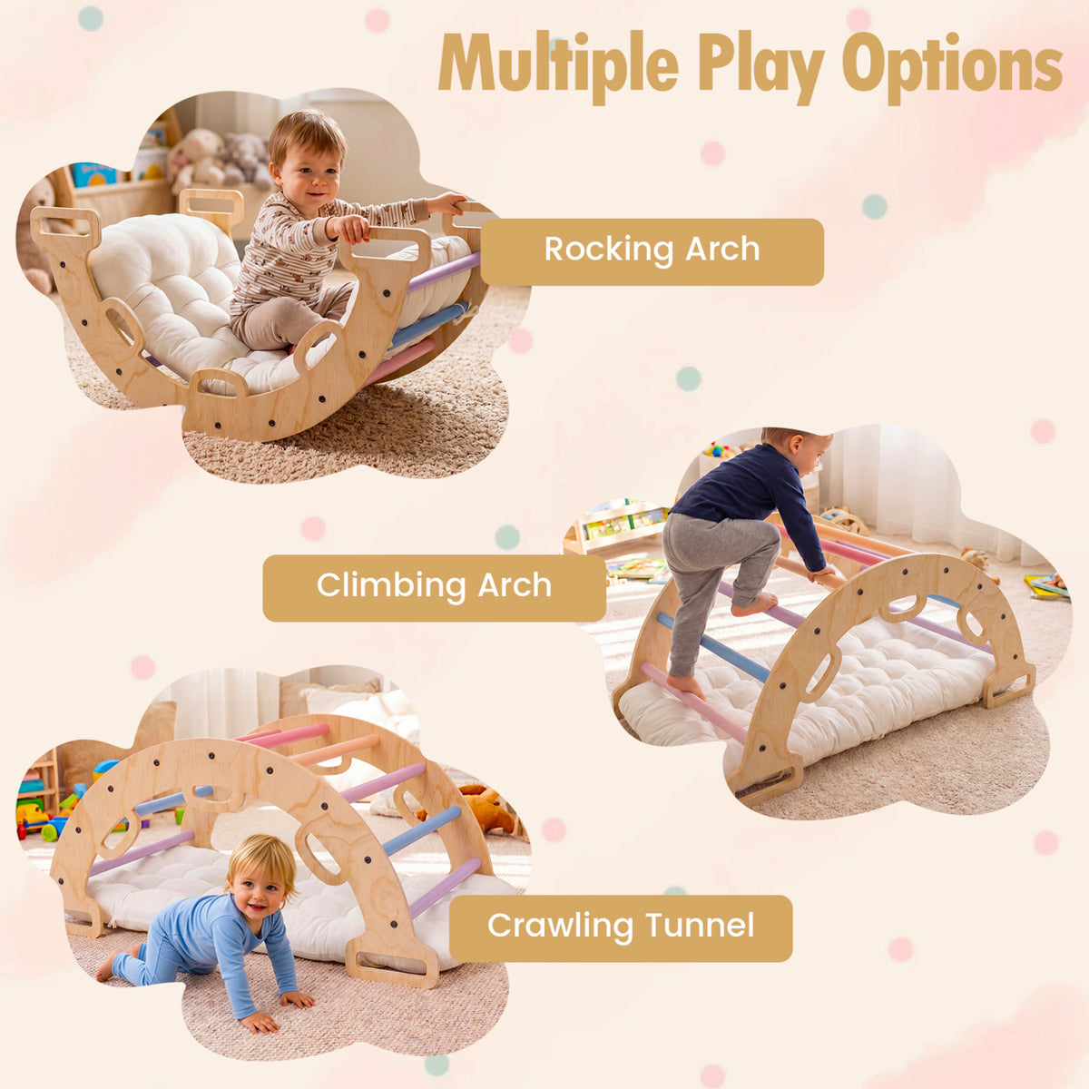 Wooden Rocking Climbing Arch with Cushion 3-in-1 Montessori Kids Climber Rocker-Multicolor