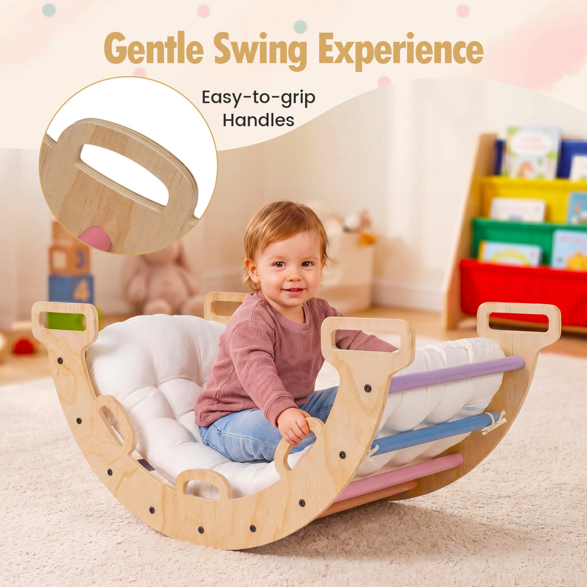 Wooden Rocking Climbing Arch with Cushion 3-in-1 Montessori Kids Climber Rocker-Multicolor