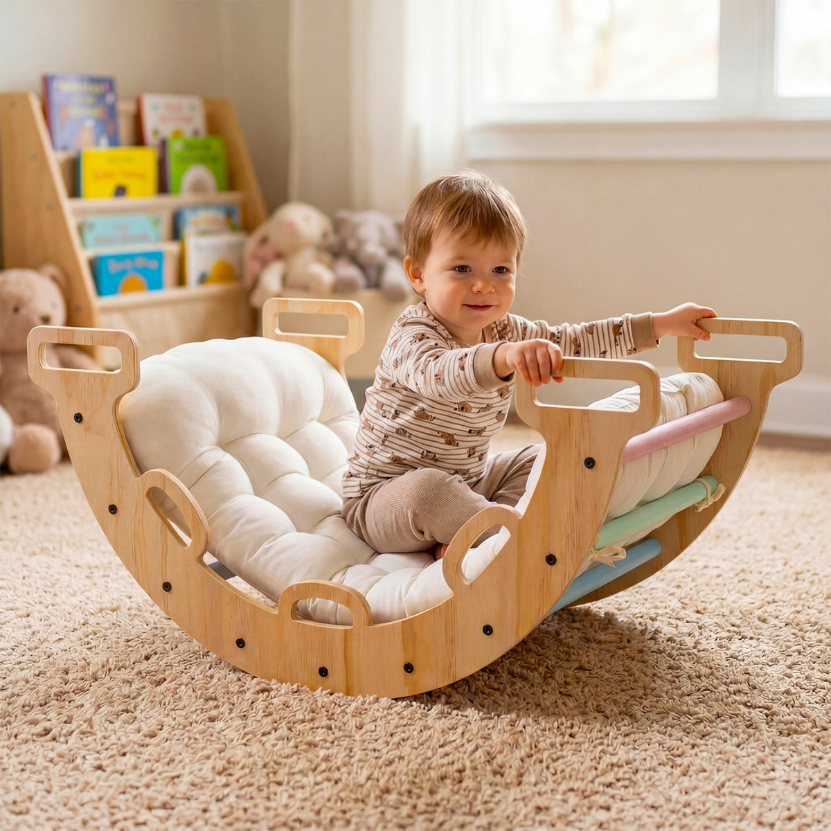 Wooden Rocking Climbing Arch with Cushion 3-in-1 Montessori Kids Climber Rocker-Macaron