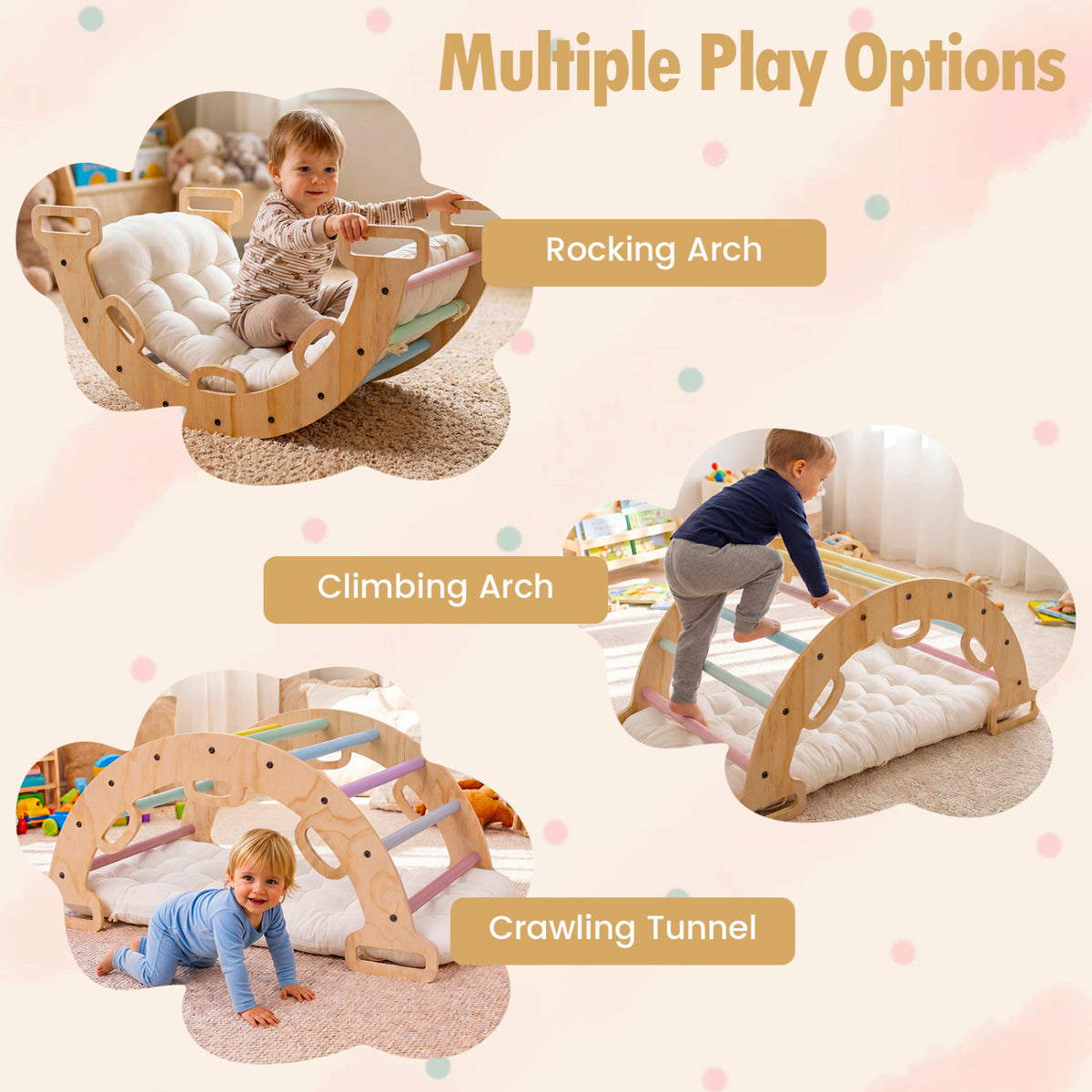 Wooden Rocking Climbing Arch with Cushion 3-in-1 Montessori Kids Climber Rocker-Macaron