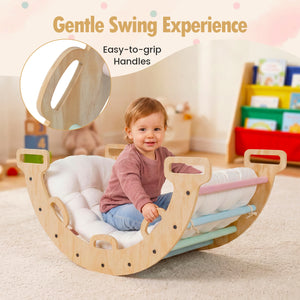 Wooden Rocking Climbing Arch with Cushion 3-in-1 Montessori Kids Climber Rocker-Macaron