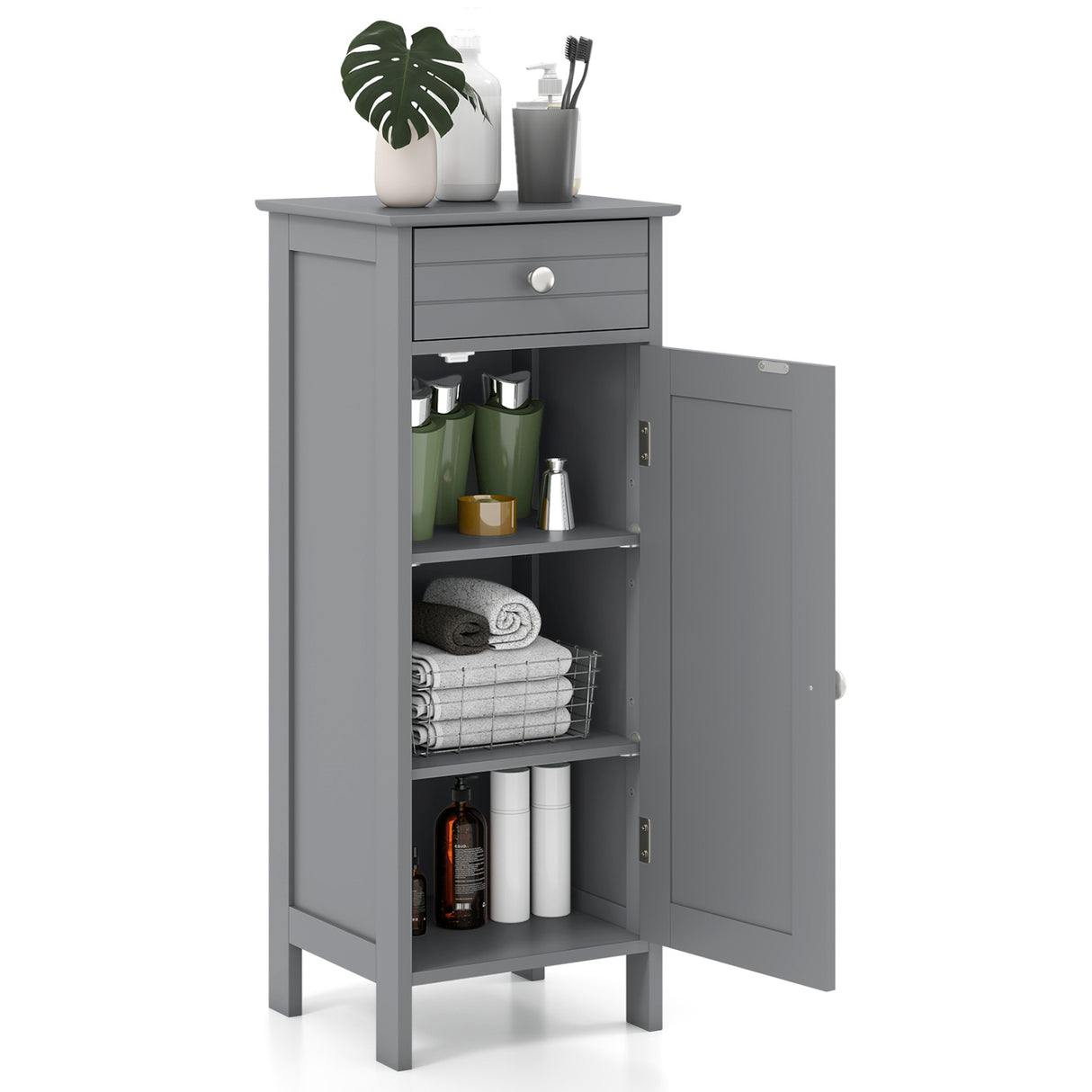 Wooden Storage Free-Standing Floor Cabinet with Drawer and Shelf-White