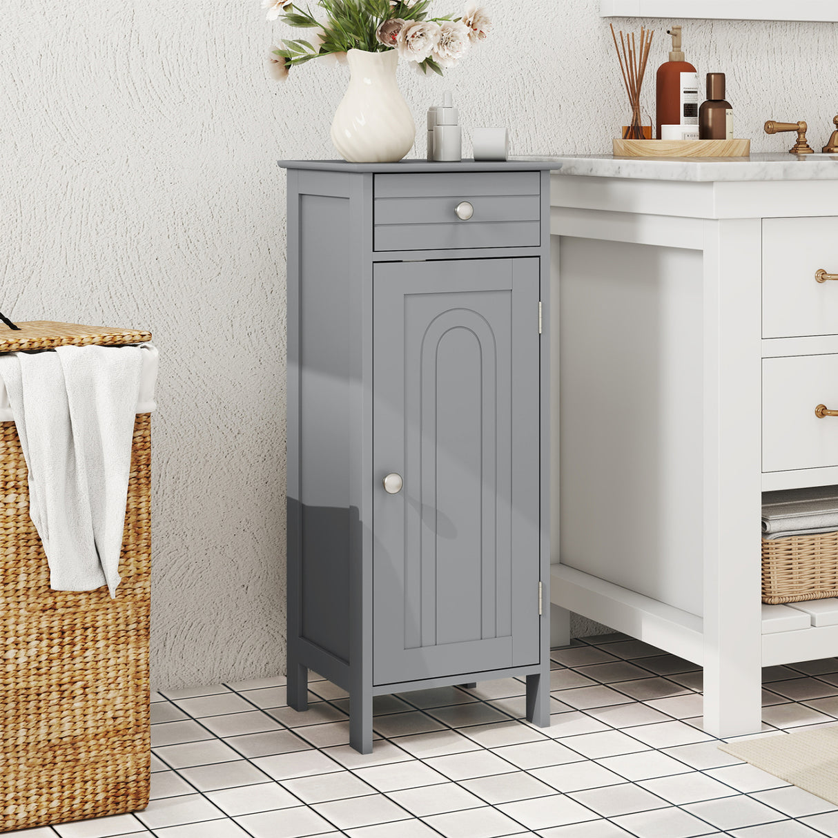 Wooden Storage Free-Standing Floor Cabinet with Drawer and Shelf-White