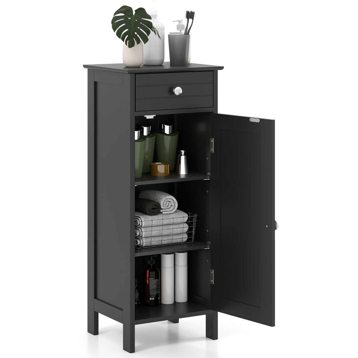 Wooden Storage Free-Standing Floor Cabinet with Drawer and Shelf-White