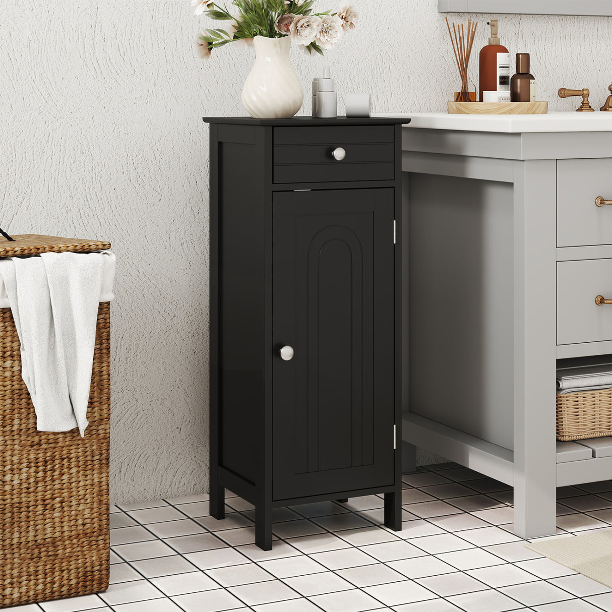Wooden Storage Free-Standing Floor Cabinet with Drawer and Shelf-White