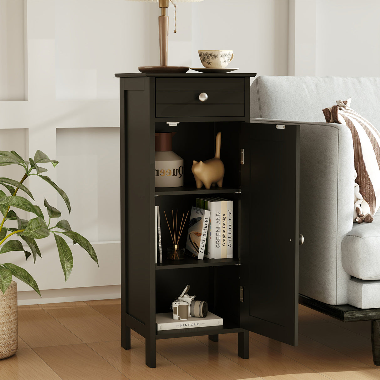 Wooden Storage Free-Standing Floor Cabinet with Drawer and Shelf-White