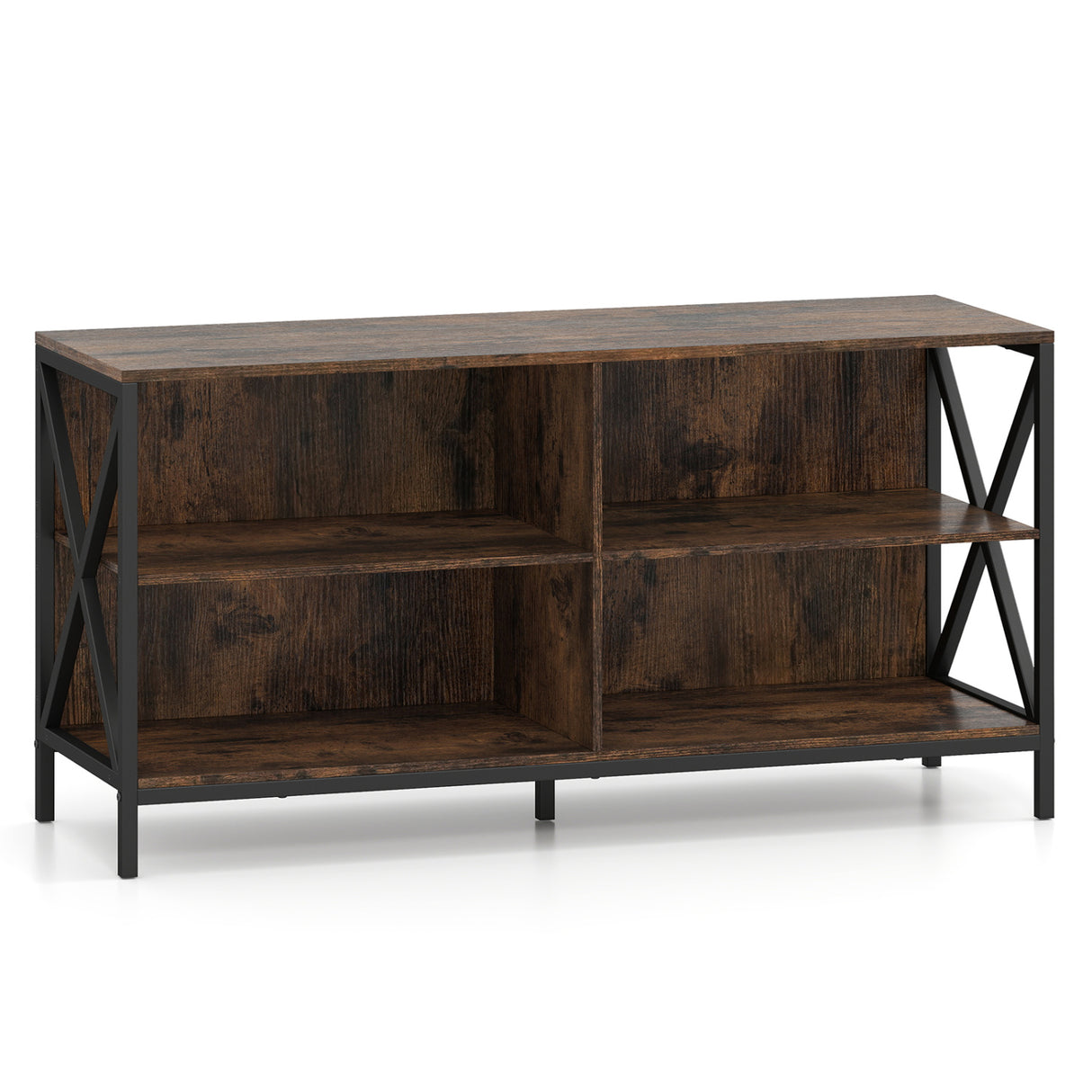 Wooden TV Stand Entertainment for TVs up to 55 Inch with X-Shaped Frame-Rustic Brown