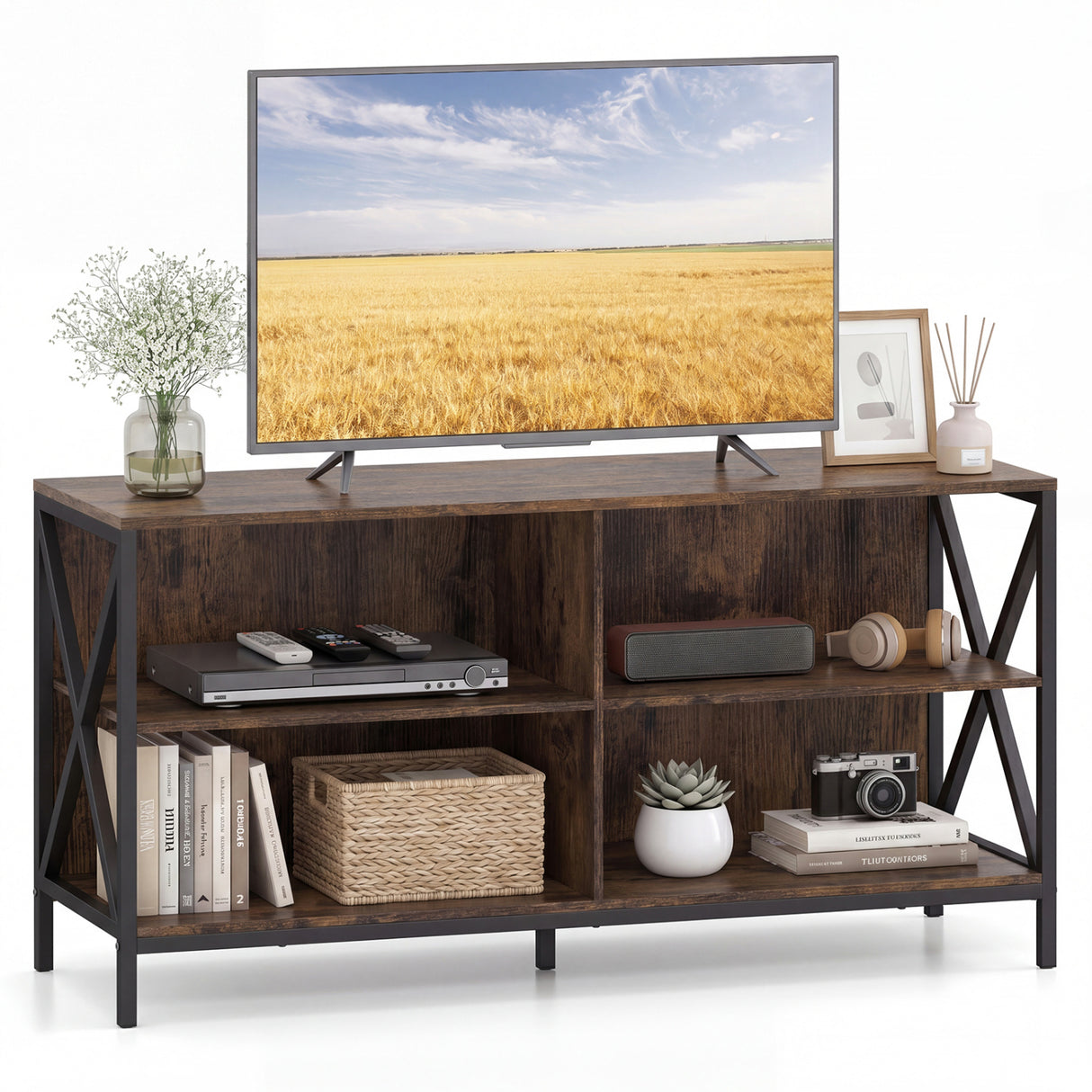 Wooden TV Stand Entertainment for TVs up to 55 Inch with X-Shaped Frame-Rustic Brown