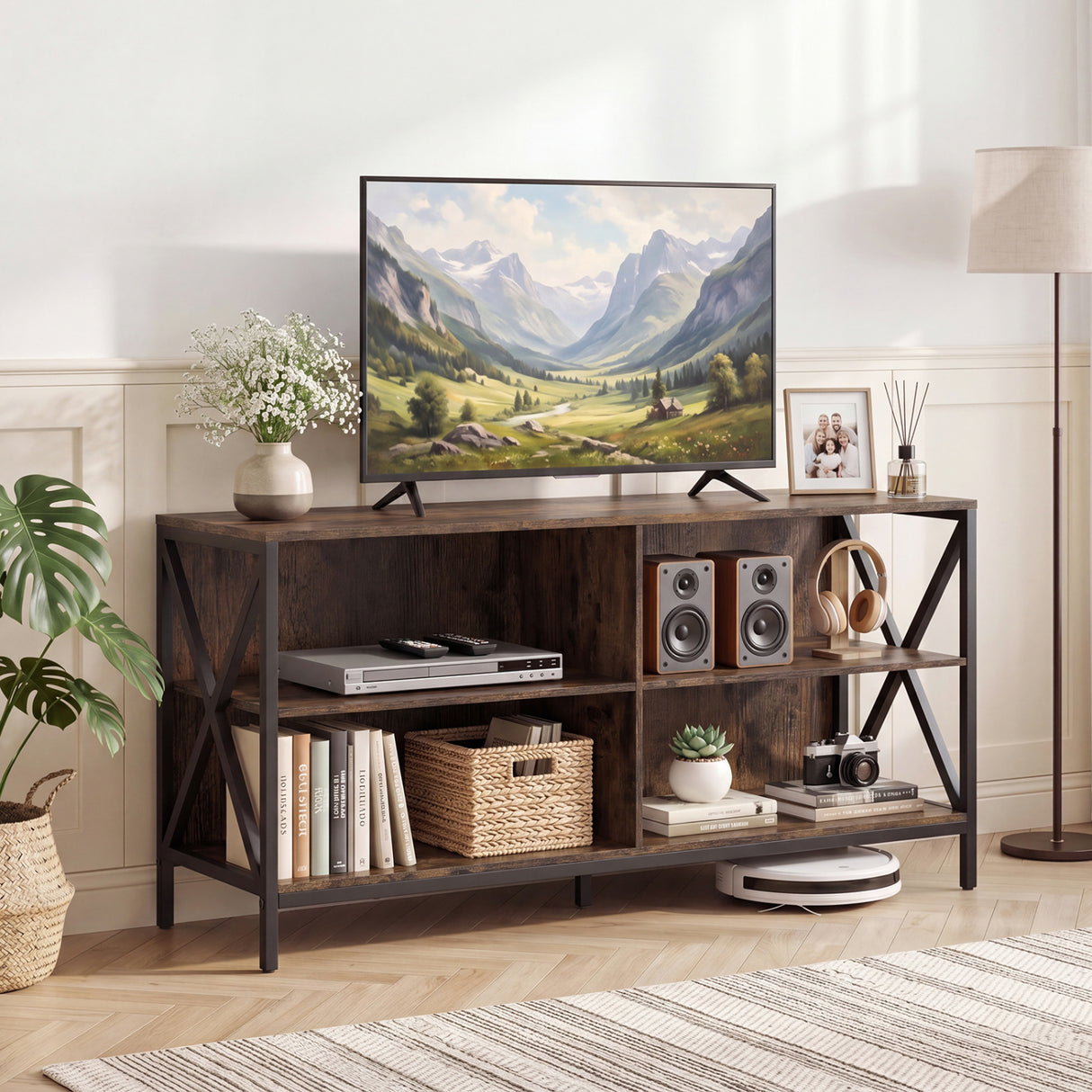 Wooden TV Stand Entertainment for TVs up to 55 Inch with X-Shaped Frame-Rustic Brown
